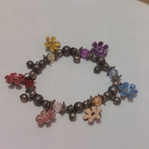 Jewelry - Multicolor Enameled Flower Charms Silver Tone Beads Stretch Bracelet
